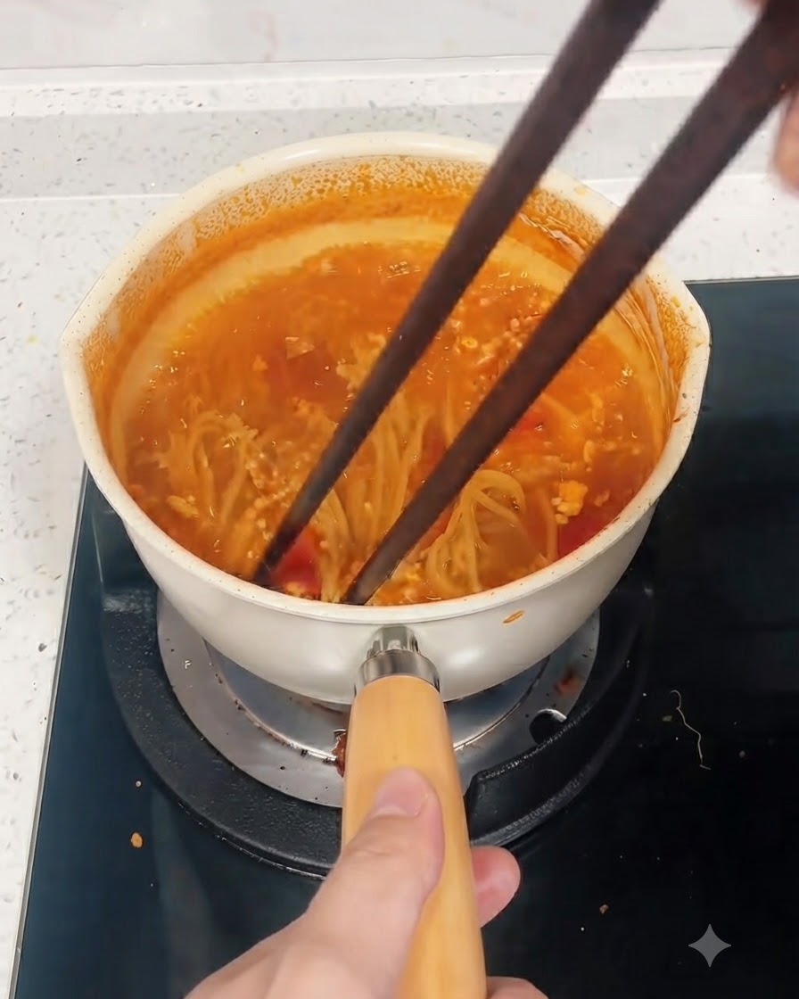Un paio di bacchette scure che mescolano gli spaghetti in una pentola di salsa rossa sobbollente.