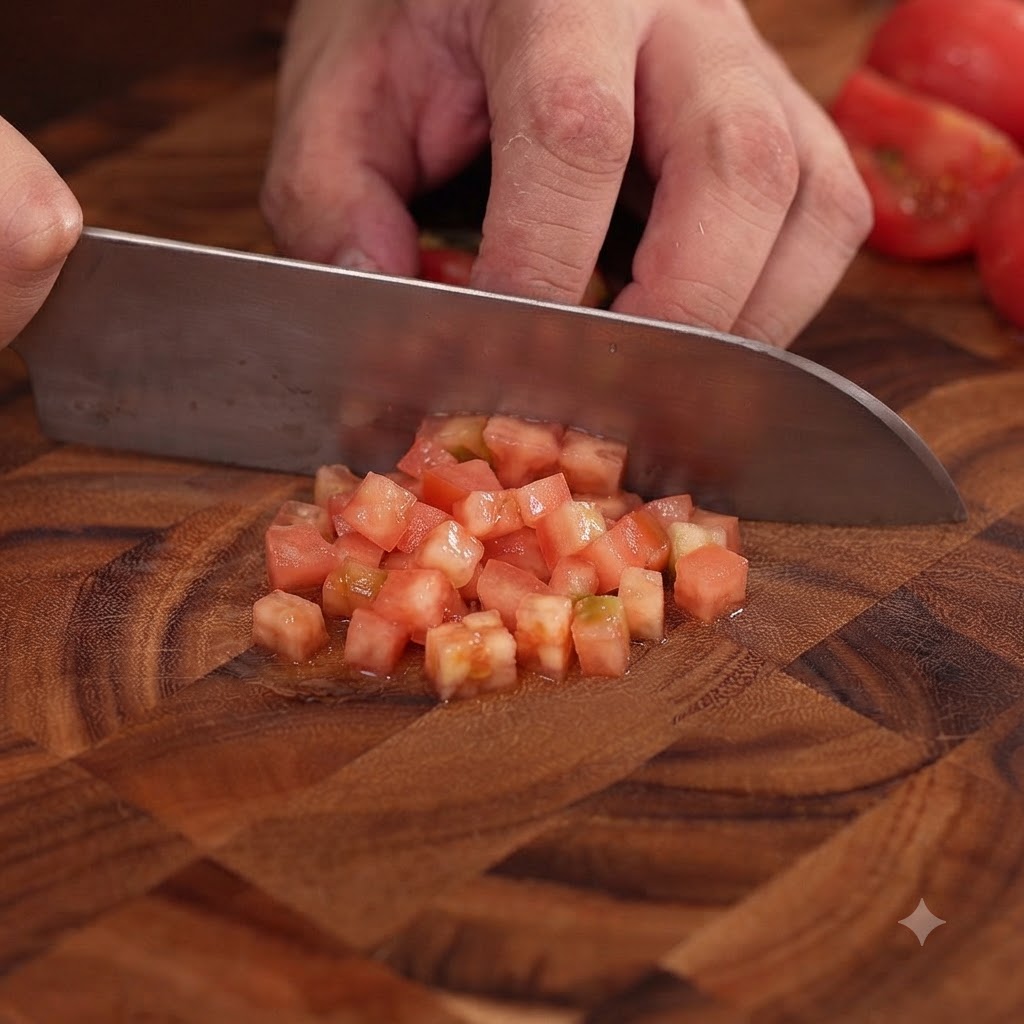 Pomodori freschi pelati tagliati a piccoli cubetti con un coltello grande su un tagliere di legno.