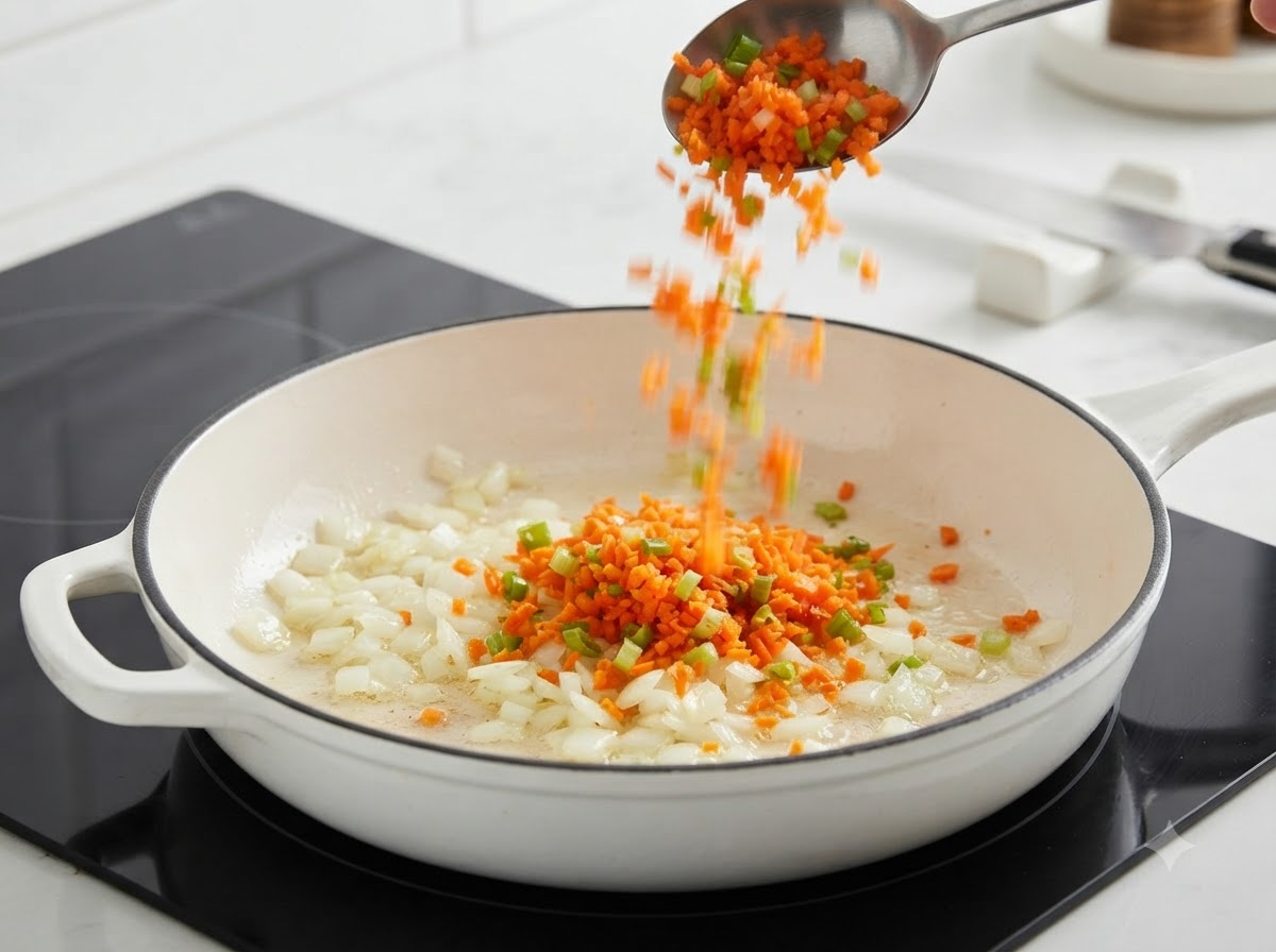 Carote e sedano tritati finemente fatti cadere da un cucchiaio in una padella con cipolle soffritte.