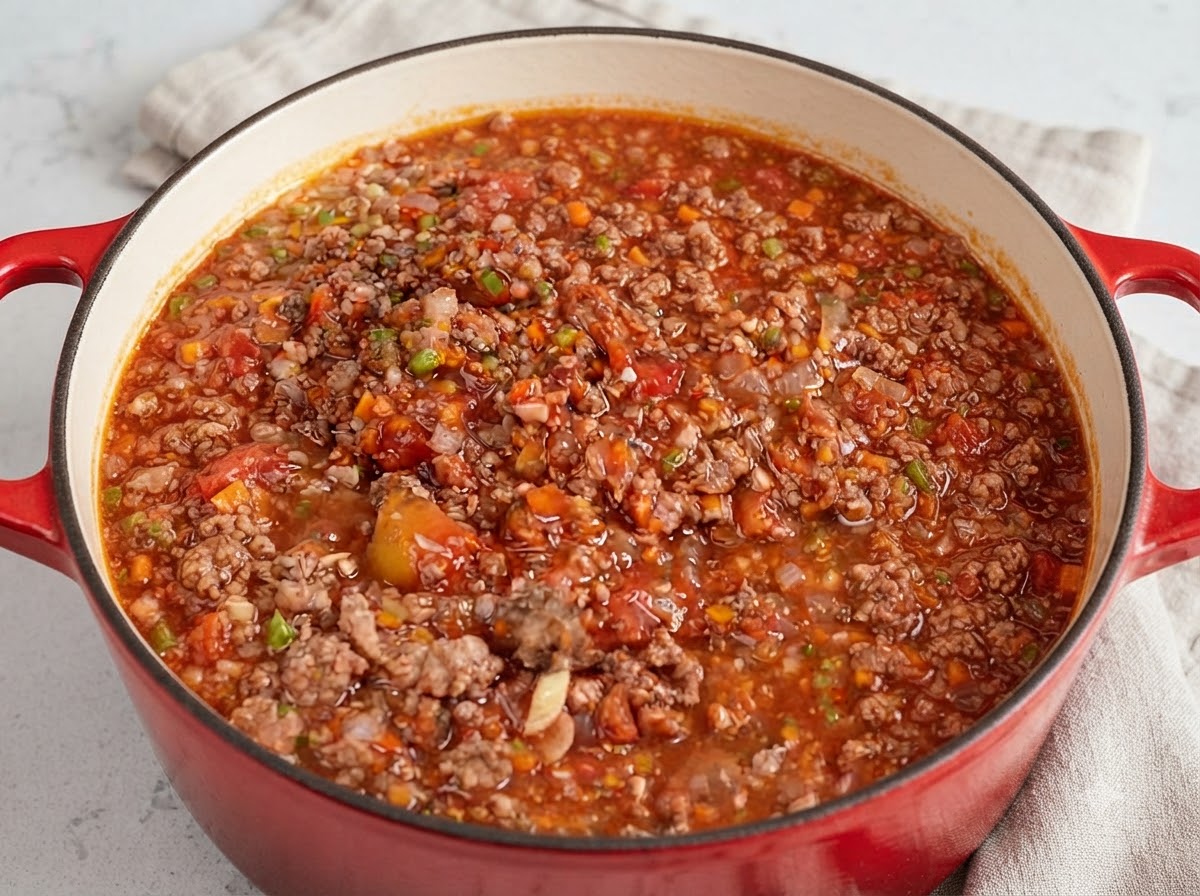 Una grande pentola piena di ragù alla bolognese che sobbolle dolcemente.