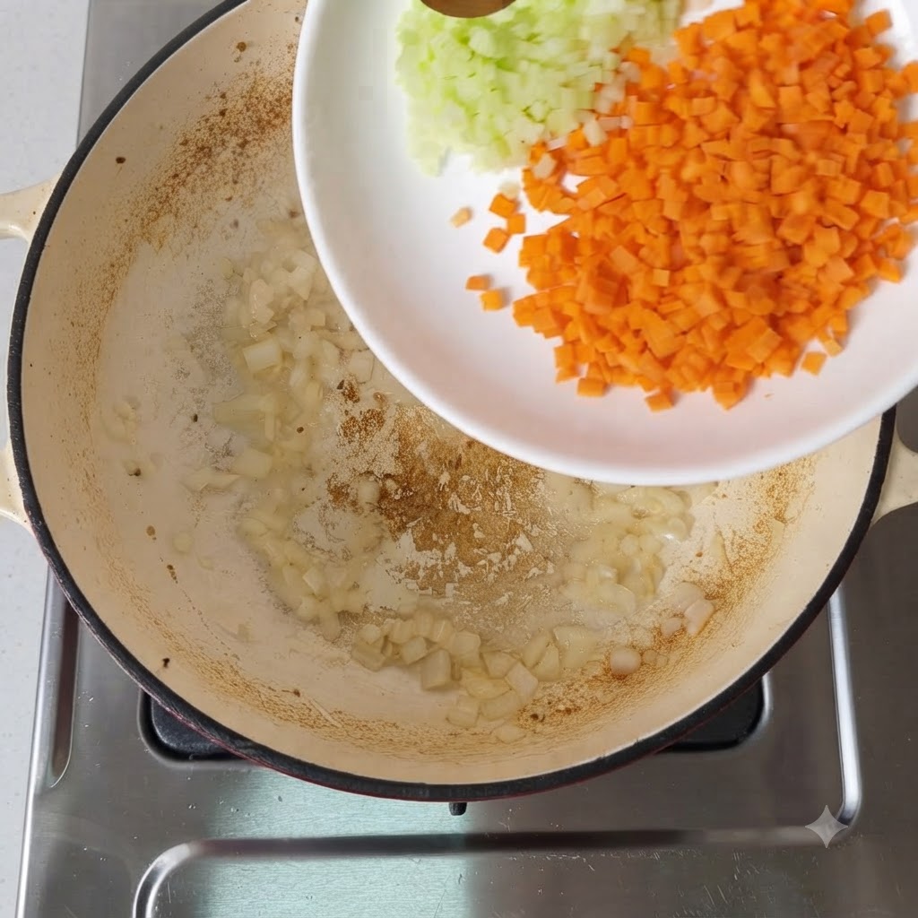 Carote e sedano a dadini versati nella padella con le cipolle.