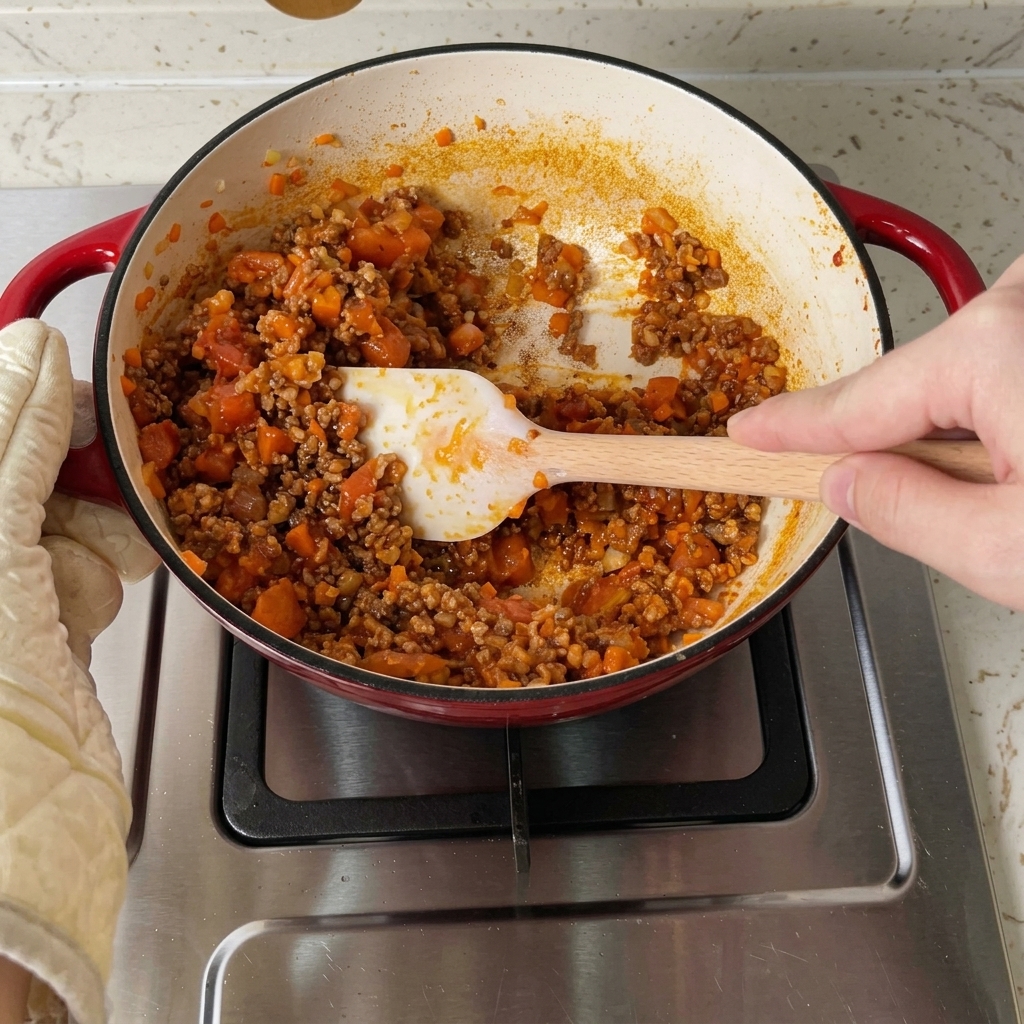 Vino rosso secco e acqua bollente mescolati nel ragù di carne in cottura.