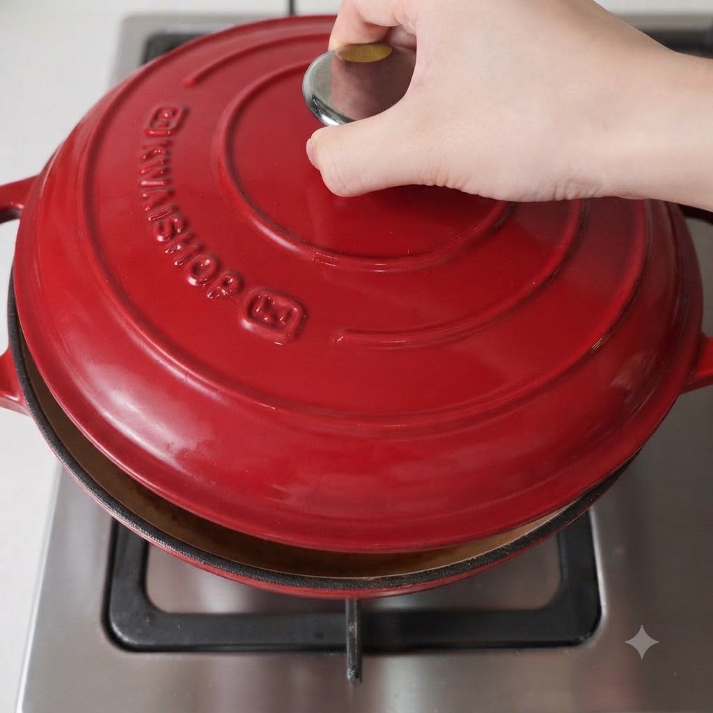 Una pentola di ghisa rossa con il coperchio parzialmente chiuso, in cottura su un piano cottura.