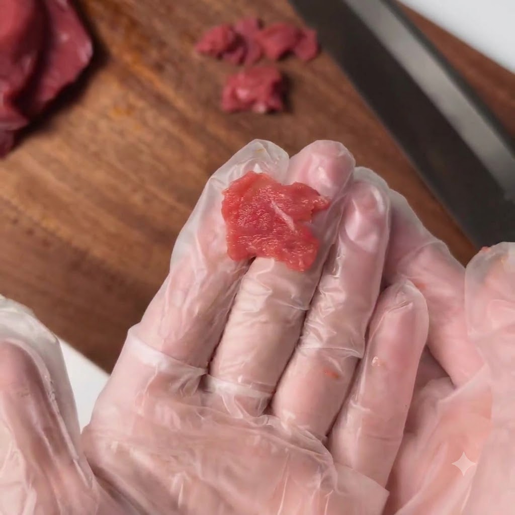 Sottili fette di filetto di manzo rosso crudo tenute in una mano guantata sopra un tagliere di legno con un coltello vicino.