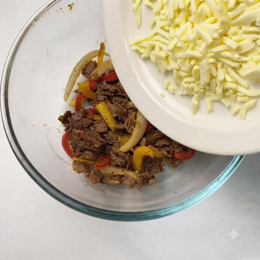 Mozzarella grattugiata versata da un piatto bianco in una ciotola di vetro con manzo e verdure cotte.