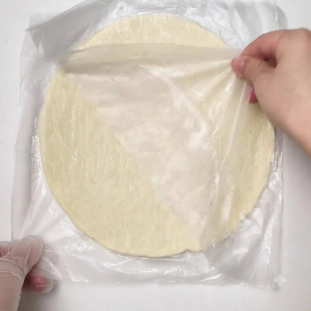 Pasta sfoglia rotonda e piatta scongelata posizionata in piano su un foglio di pellicola di plastica con le mani che ne sistemano i bordi.