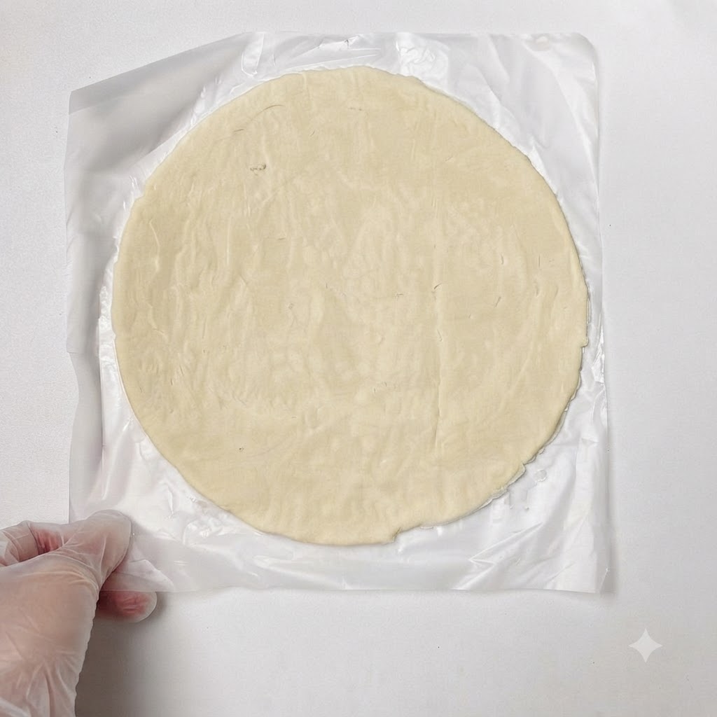 Una porzione di ripieno cotto di manzo e formaggio posizionata al centro della pasta sfoglia rotonda.