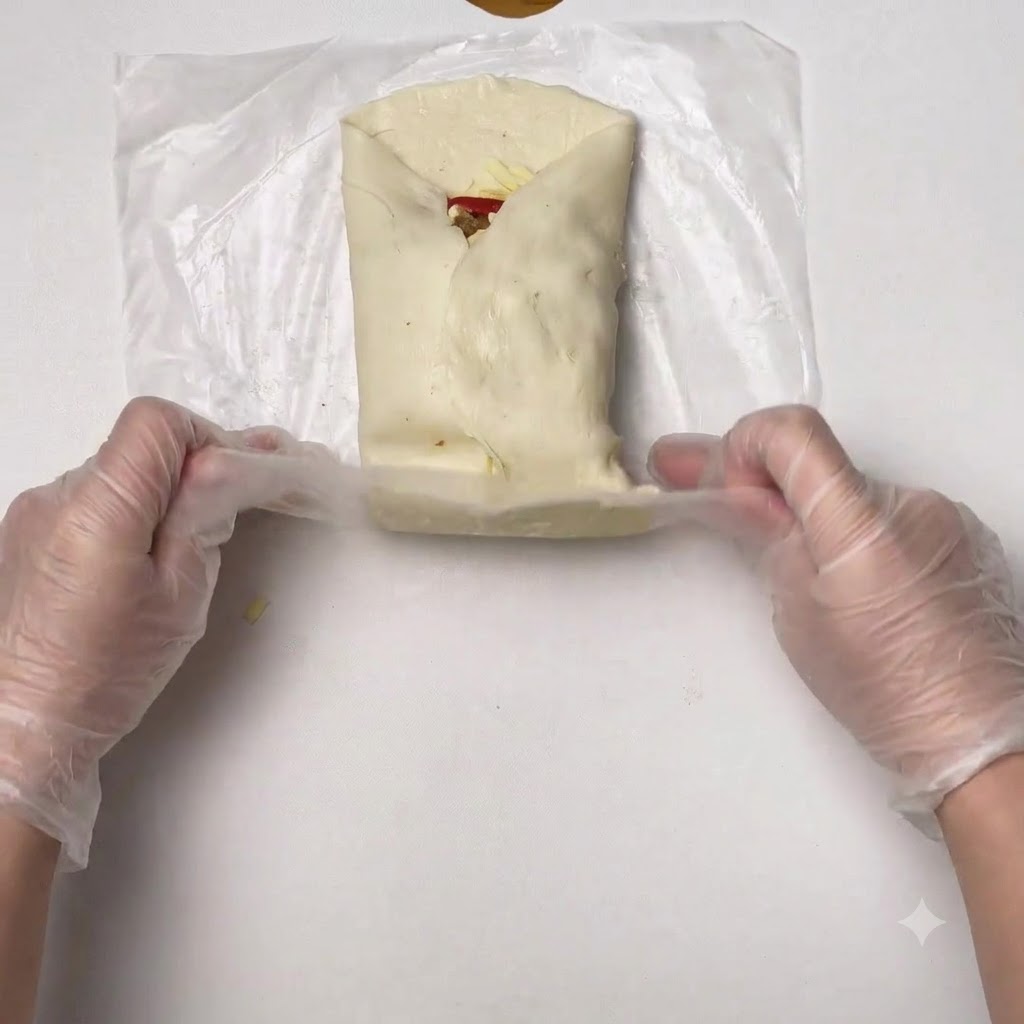 Mani che usano la pellicola di plastica per piegare e avvolgere i bordi della pasta sfoglia attorno al ripieno.
