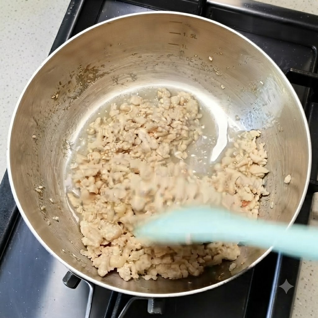 Carne di pollo macinata cotta mescolata in una padella di metallo con una spatola verde.