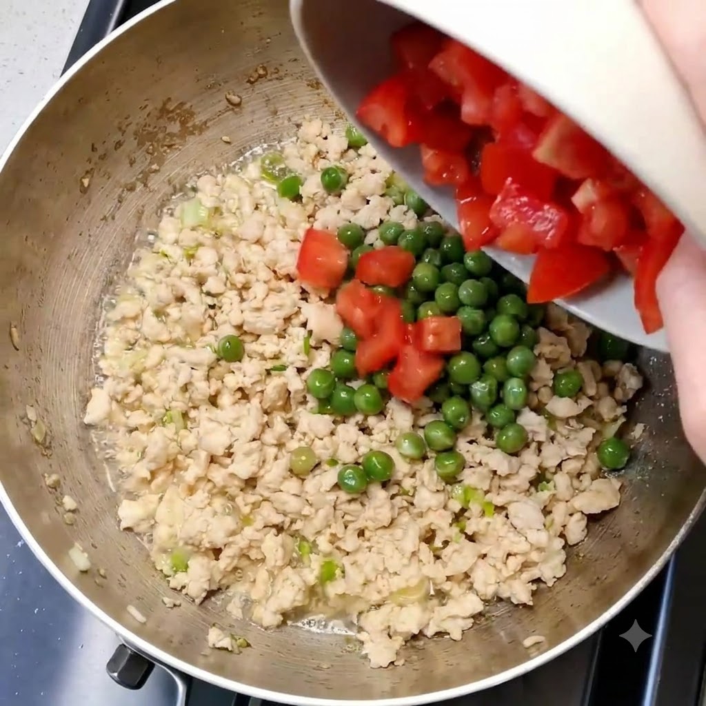 Pomodori a cubetti versati da un piatto nella padella degli ingredienti.