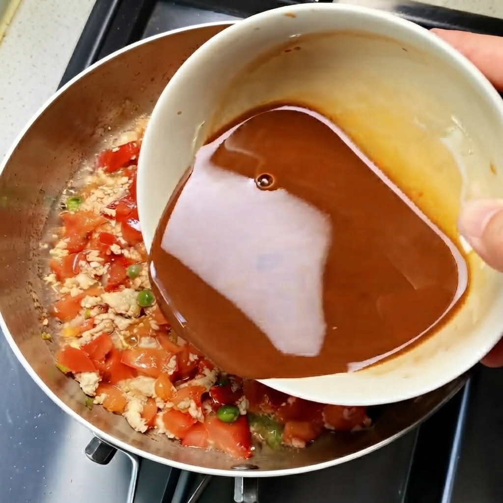 Salsa marrone mista versata da una ciotola bianca in una padella riempita con carne macinata cotta, pomodori e piselli.