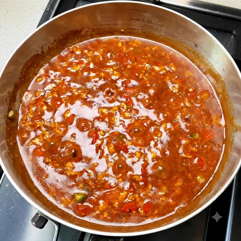 Una padella riempita con una ricca salsa di pomodoro e carne che bolle sul fuoco.