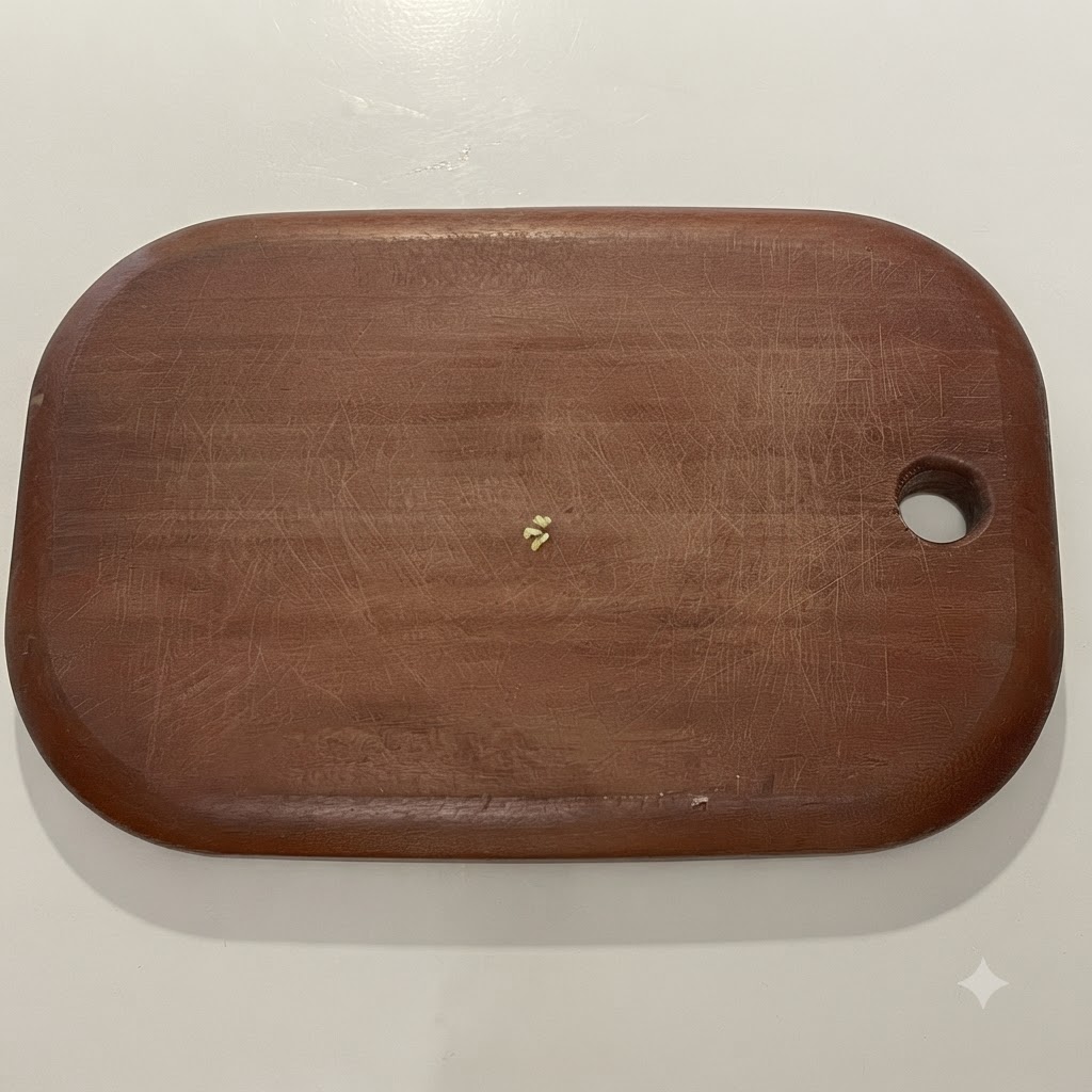 Spicchi daglio tritati finemente su un tagliere di legno con un coltello.