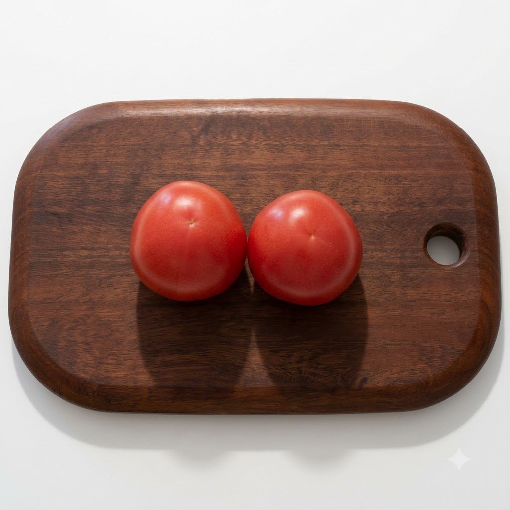 Pomodori freschi tagliati a piccoli spicchi su un tagliere di legno.