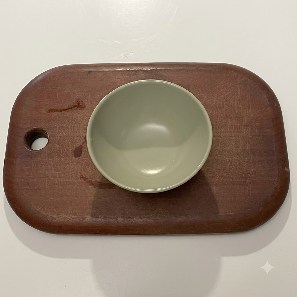 Una miscela di salsa scura preparata allinterno di una piccola ciotola di ceramica verde.