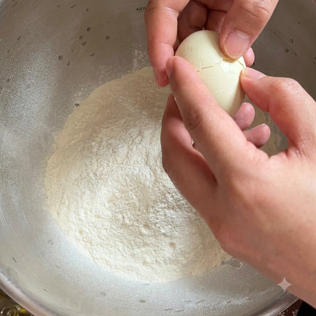 Uova rotte in una grande ciotola di metallo piena di farina per preparare limpasto della pasta.