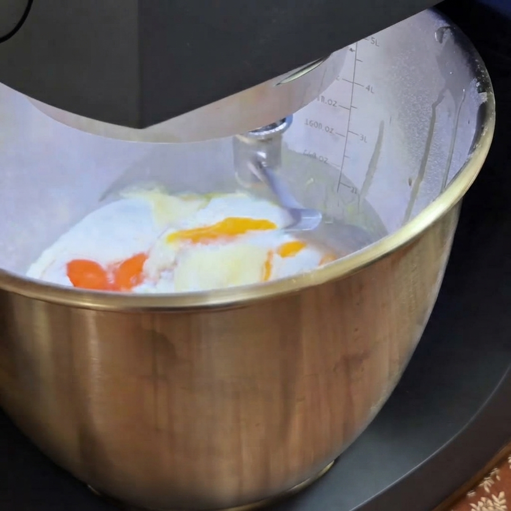 Una planetaria che impasta gli ingredienti della pasta allinterno di una ciotola in acciaio inossidabile.