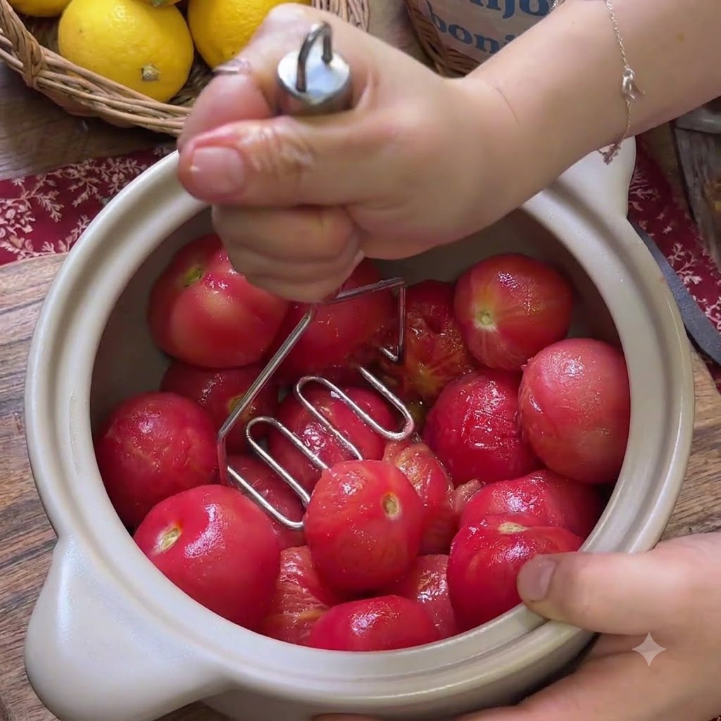 Mani che utilizzano uno schiacciapatate manuale per ridurre in purè i pomodori rossi arrostiti dentro una pentola di ceramica beige.