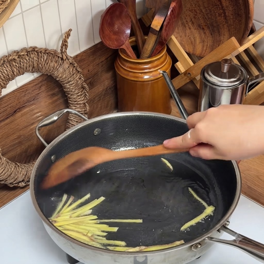 Carne macinata e fette di zenzero saltate in padella in unampia padella dacciaio con una spatola di legno.