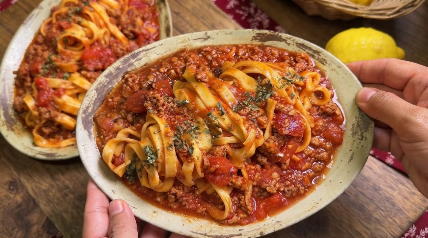 Pasta Fatta in Casa con Sugo Ricco di Carne e Pomodoro