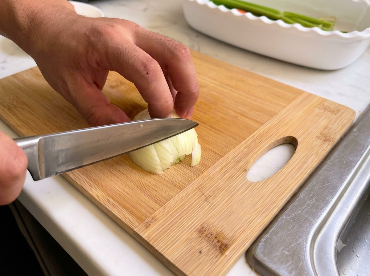 Una cipolla affettata e tagliata a cubetti con cura su una superficie di taglio in legno con un coltello da cucina.