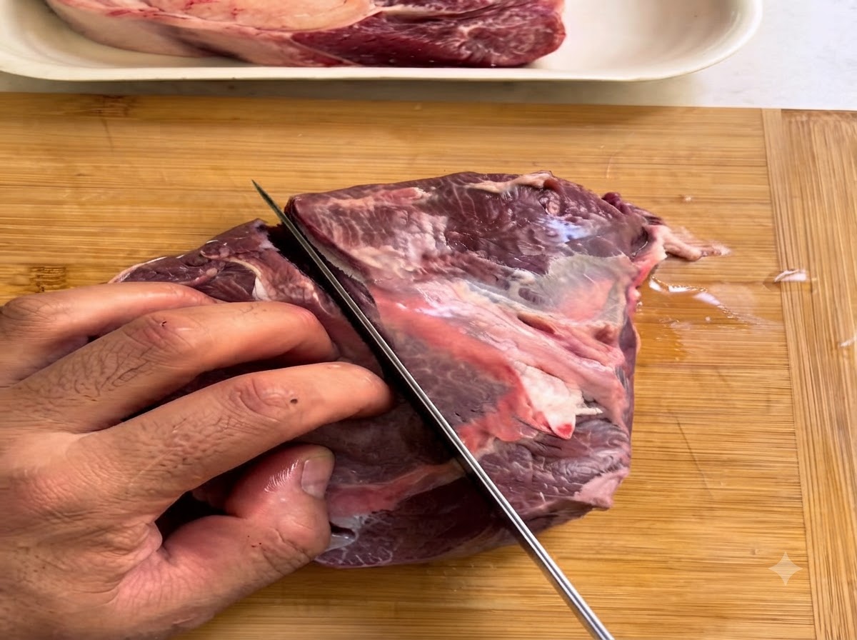 Un grosso pezzo di guancia di manzo cruda affettata con un coltello su un tagliere di legno.