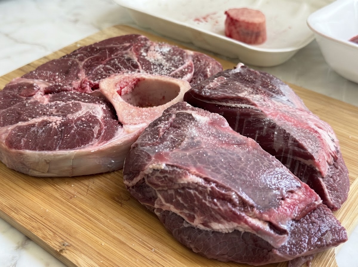 Tagli di manzo crudi e midollo osseo cosparsi uniformemente di sale grosso e pepe su un tagliere di legno.