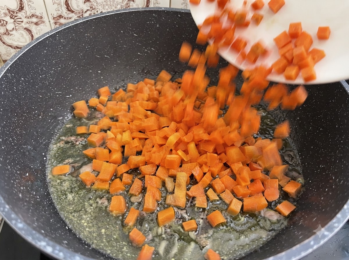 Carote, sedano e cipolle a cubetti cotti in una pentola con olio doliva e midollo osseo.