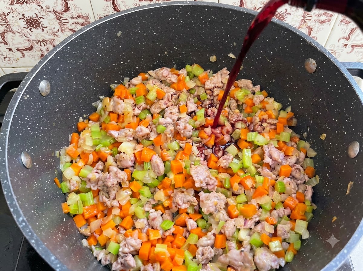 Vino rosso versato da una bottiglia in una pentola piena di verdure e carne.