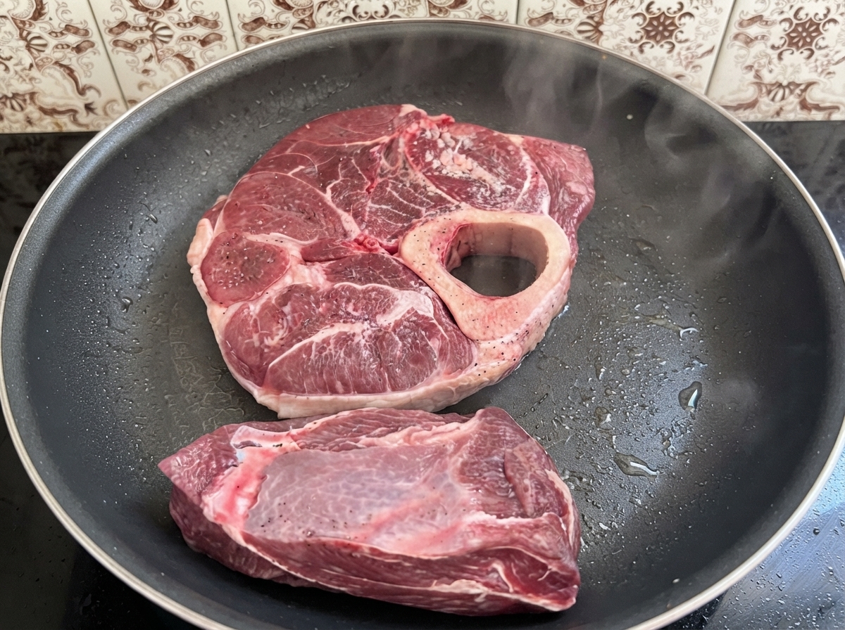 Tagli di manzo conditi che rosolano in una padella calda con vapore visibile.