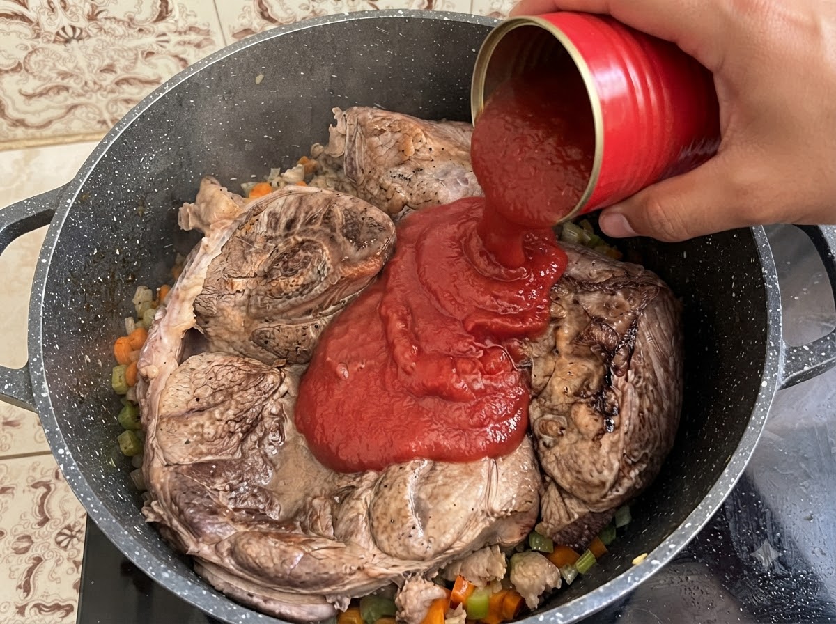 Purea di pomodoro versata da una lattina rossa in una grande pentola contenente tagli di manzo e verdure cotte.