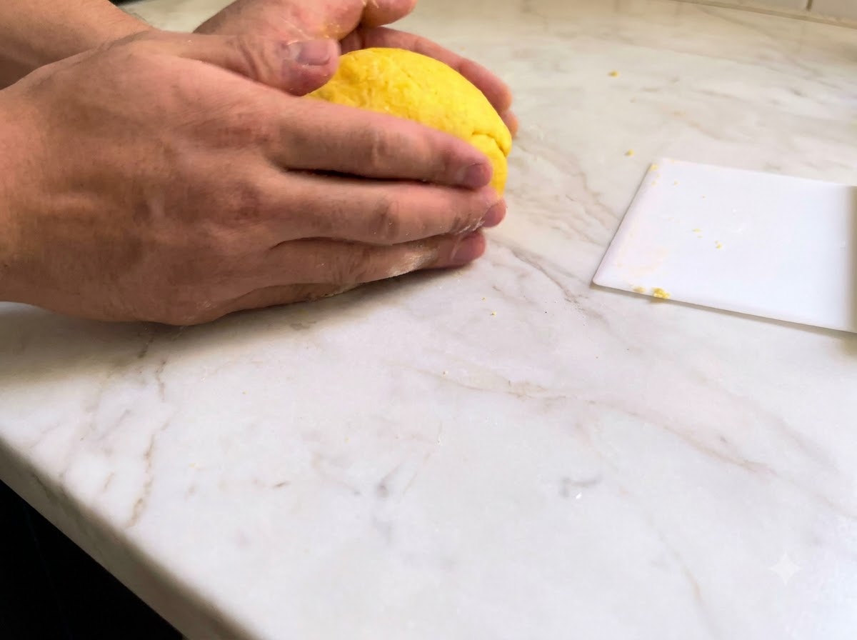 Mani che impastano energicamente una palla di vivace impasto di pasta fresca gialla su una superficie di marmo bianco.