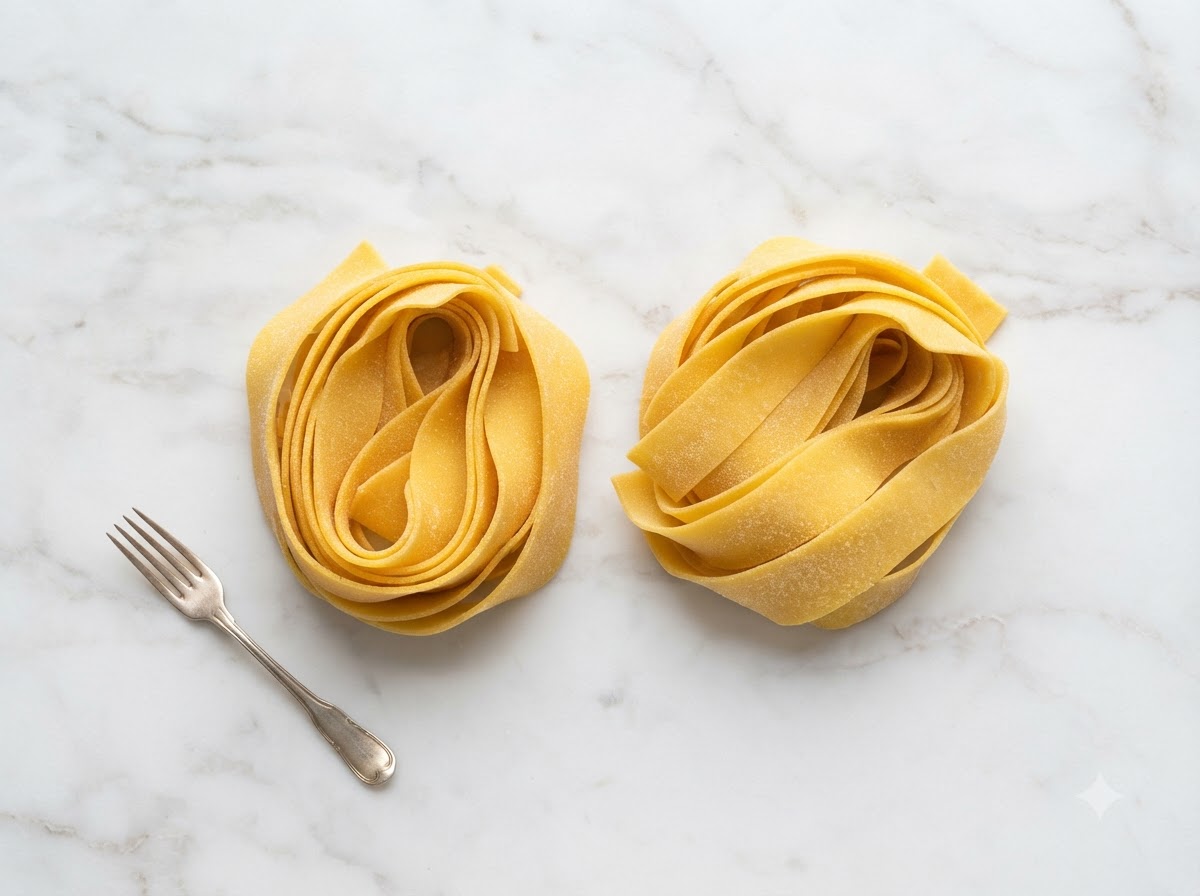 Pasta fresca per tagliatelle modellata e arrotolata in nidi.