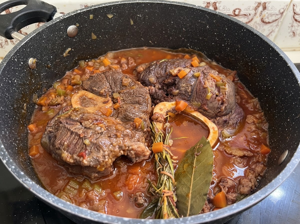 Carne cotta estratta dalla pentola con un utensile per farla raffreddare.