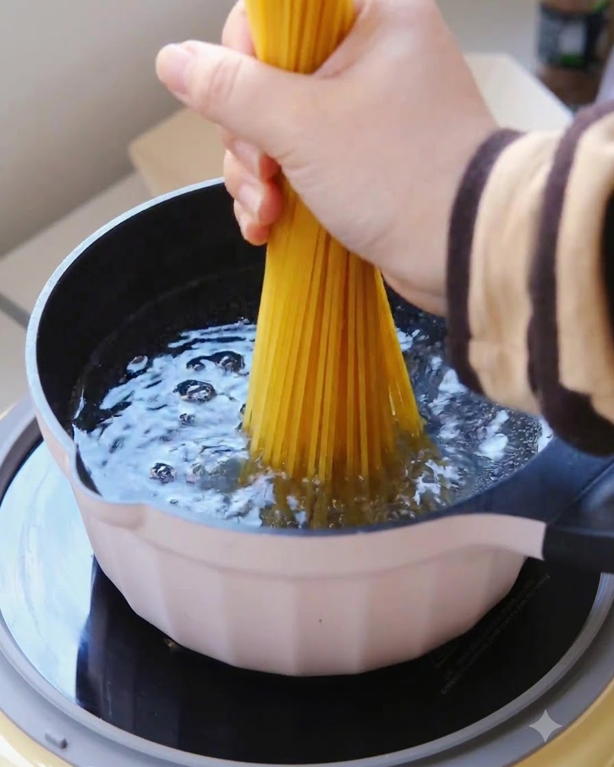 Un fascio di spaghetti secchi immersi verticalmente in una pentola di acqua bollente.