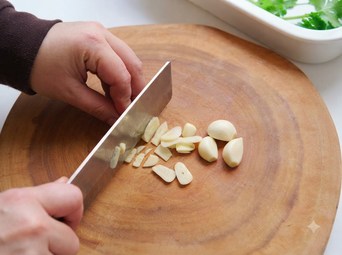 Spicchi daglio tagliati a fette sottili con un coltello da cucina su un tagliere di legno.