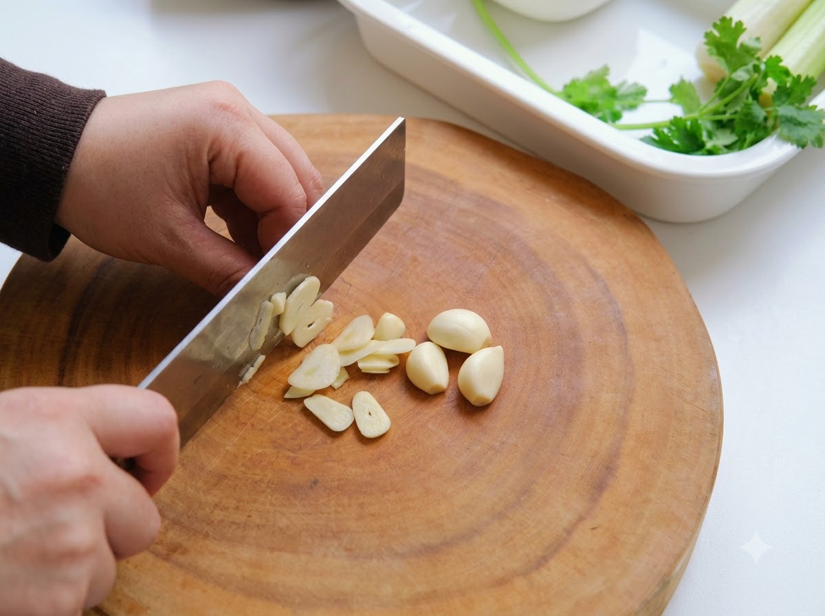 Peperoncini rossi secchi tagliati a pezzi su un tagliere di legno.