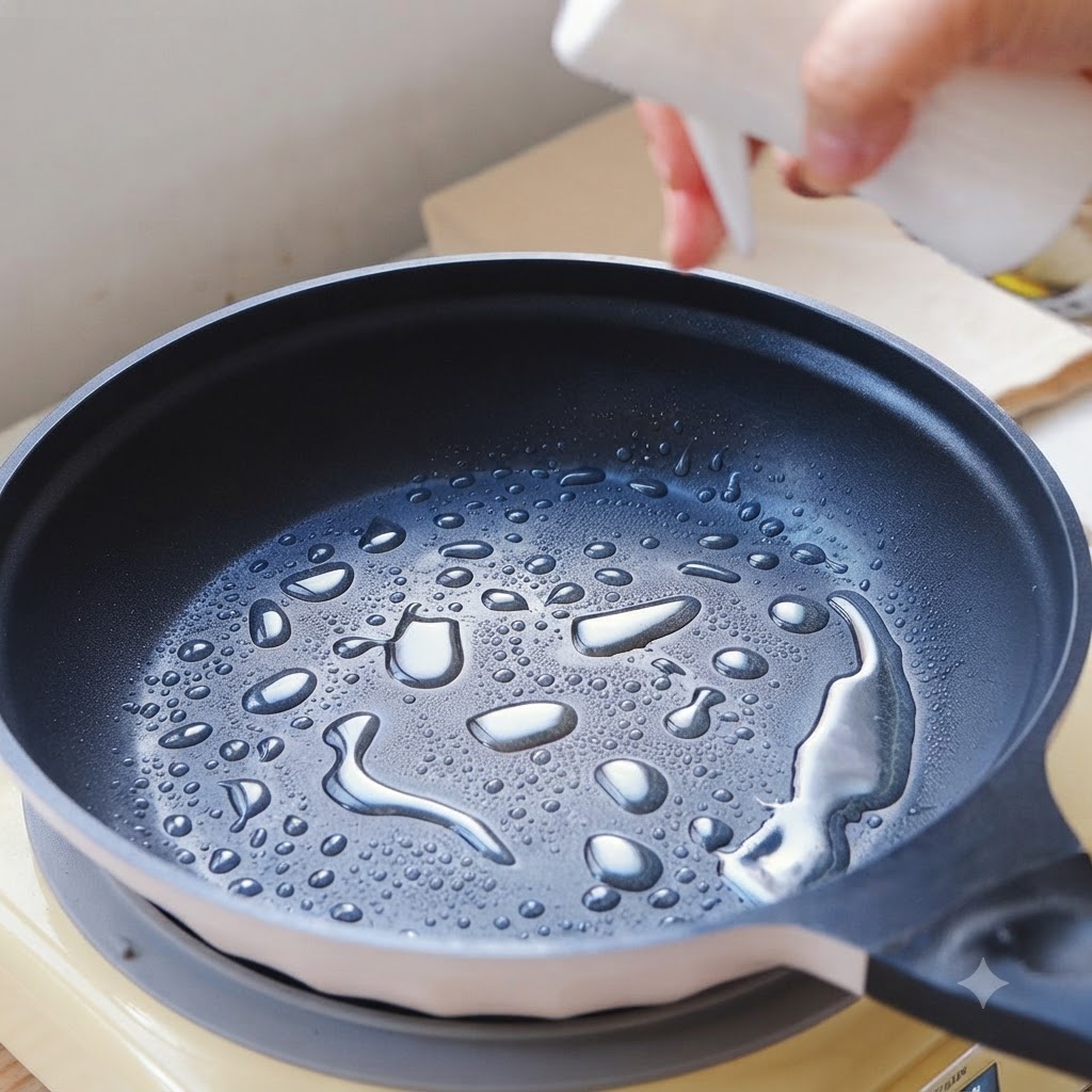 Gocce di olio da cucina sparse sulla superficie di una padella nera.