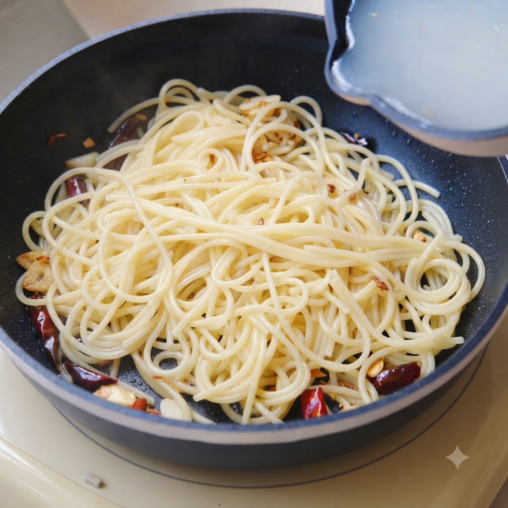 Acqua di cottura della pasta versata da una piccola pentola nella padella con gli spaghetti.