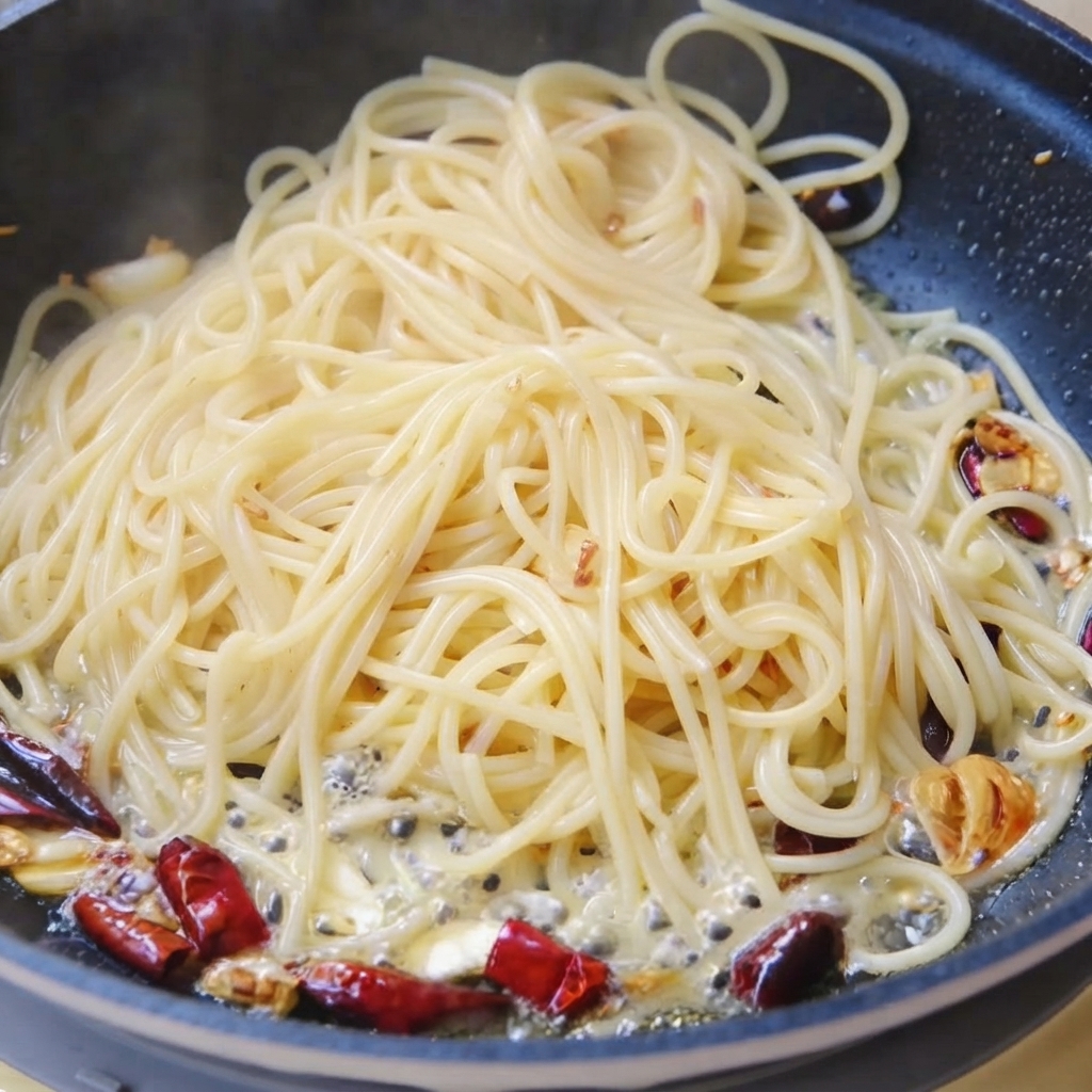 Spaghetti mantecati con gambi di coriandolo e acqua di cottura in una padella.