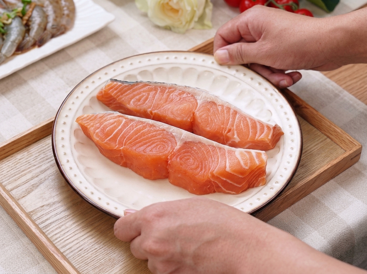 Due filetti di salmone fresco posati su un piatto bianco mentre vengono conditi con sale e pepe.