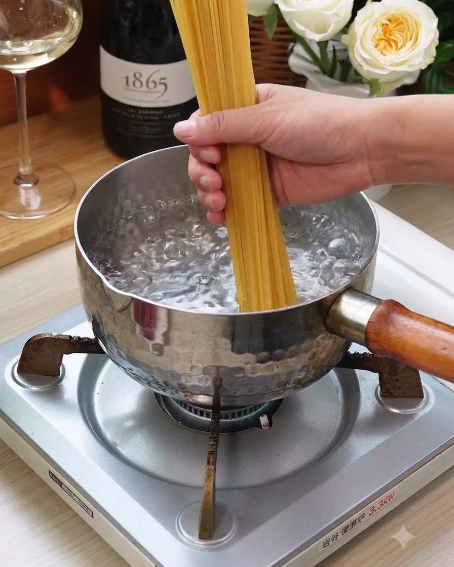 Un mazzetto di spaghetti secchi immersi in una pentola di acqua bollente sul fuoco.