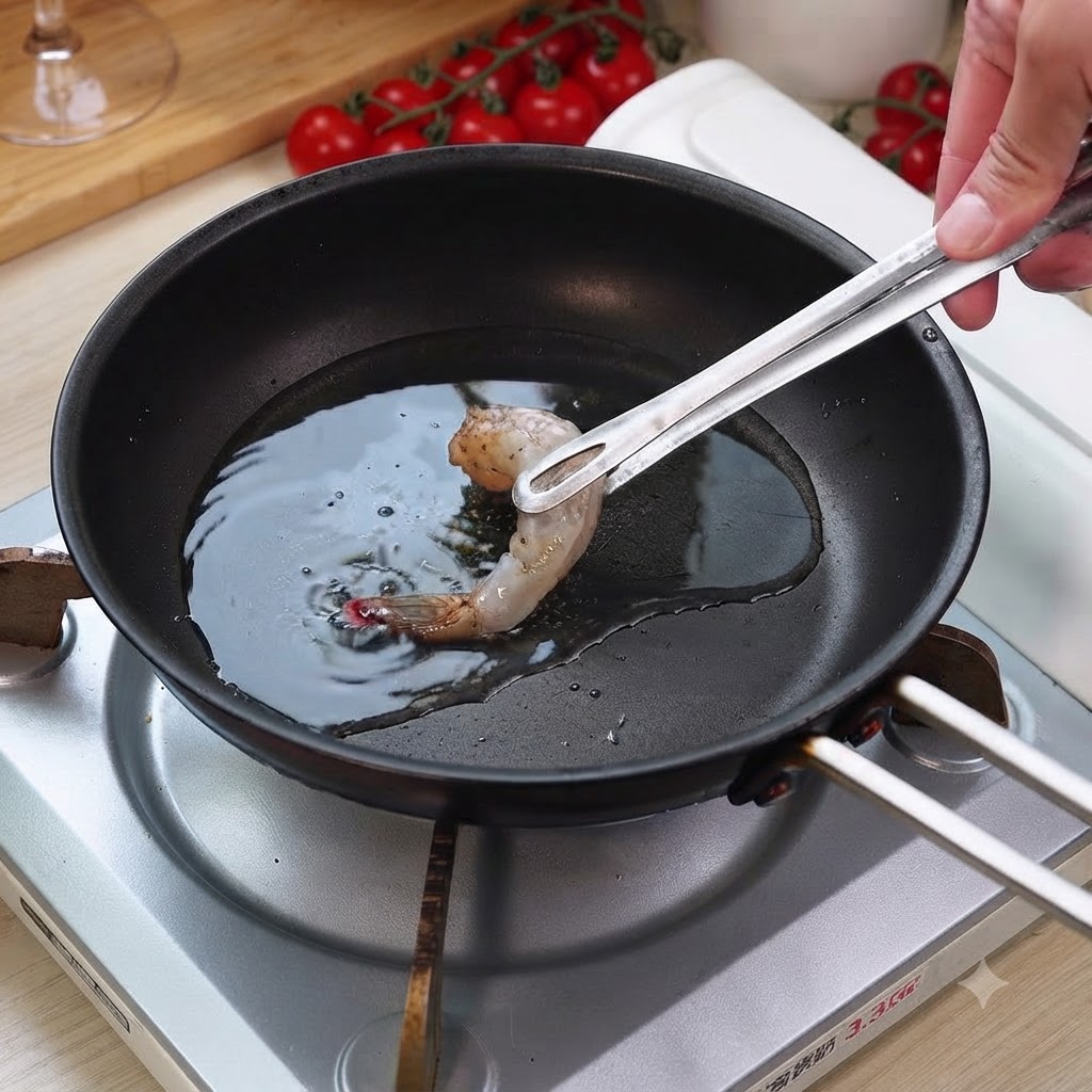 Un gambero condito inserito con le pinze da cucina in una padella calda con olio.