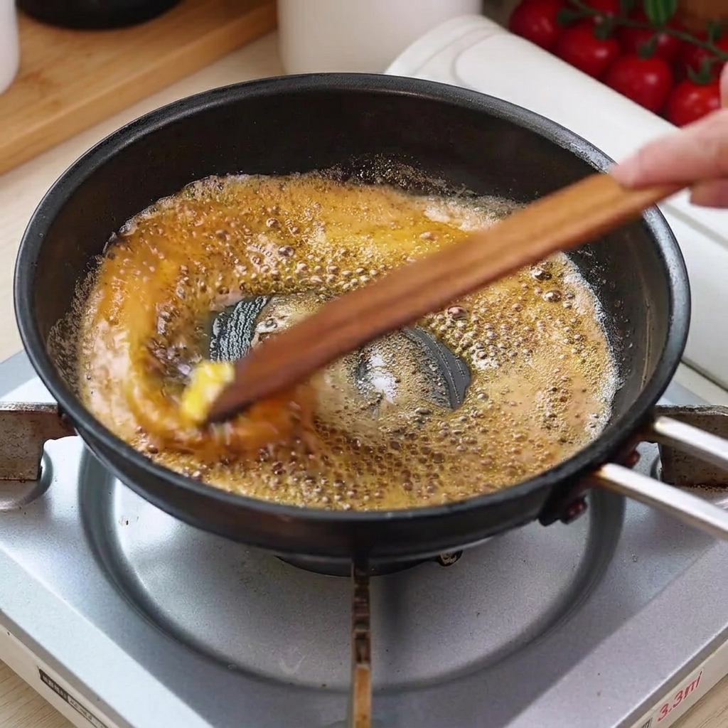 Burro e aglio tritato che si sciolgono e friggono in una padella con olio aromatizzato, mescolati con una spatola di legno.