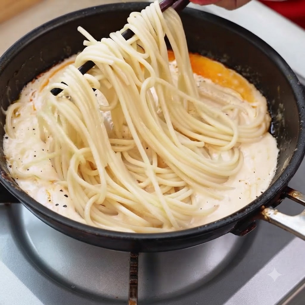Fili di spaghetti cotti sollevati con le bacchette allinterno di una salsa cremosa in padella con i gamberi.