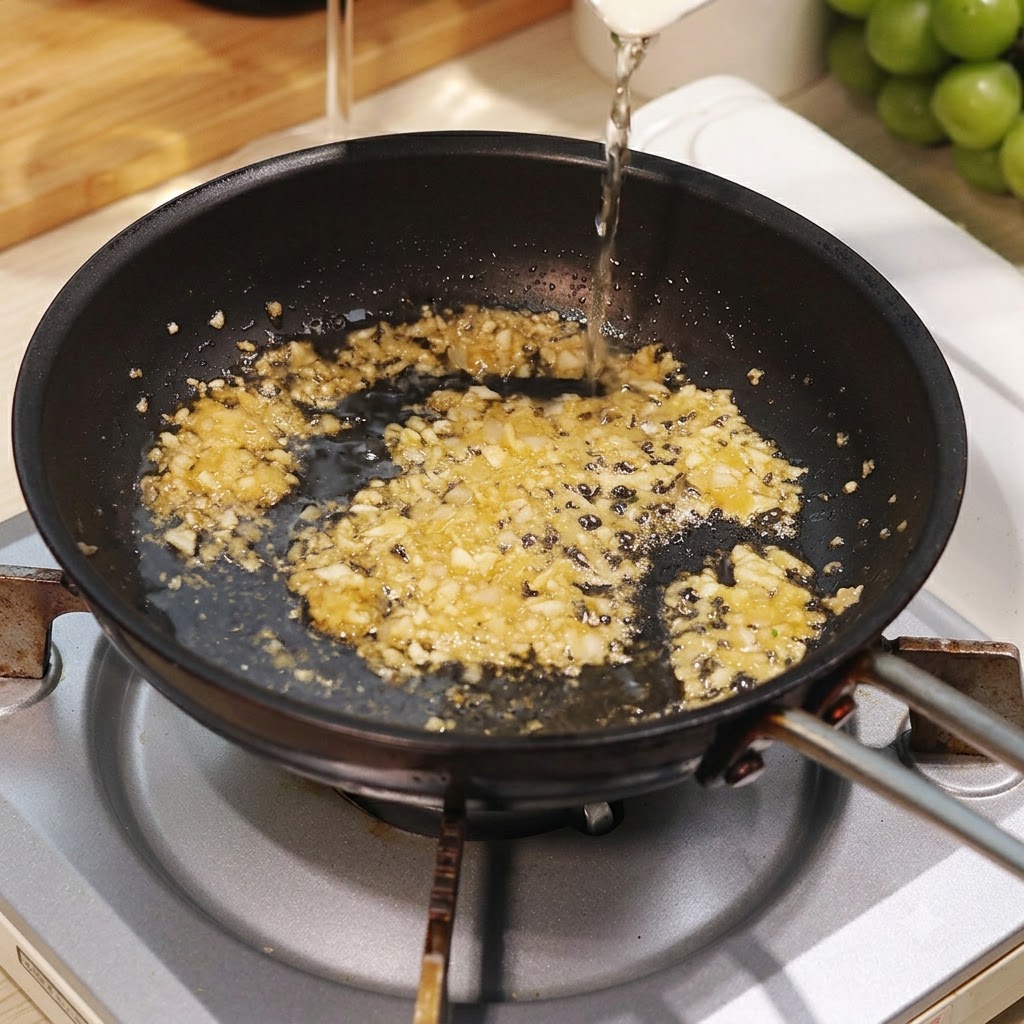 Vino bianco versato da una piccola brocca in una padella contenente aglio e cipolle saltati.
