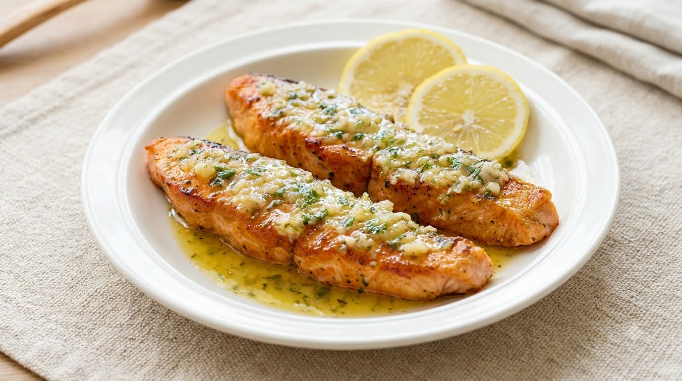 Filetti di salmone dorati in padella guarniti con una vivace salsa al burro, aglio ed erbe aromatiche, accompagnati da fette di limone fresco.