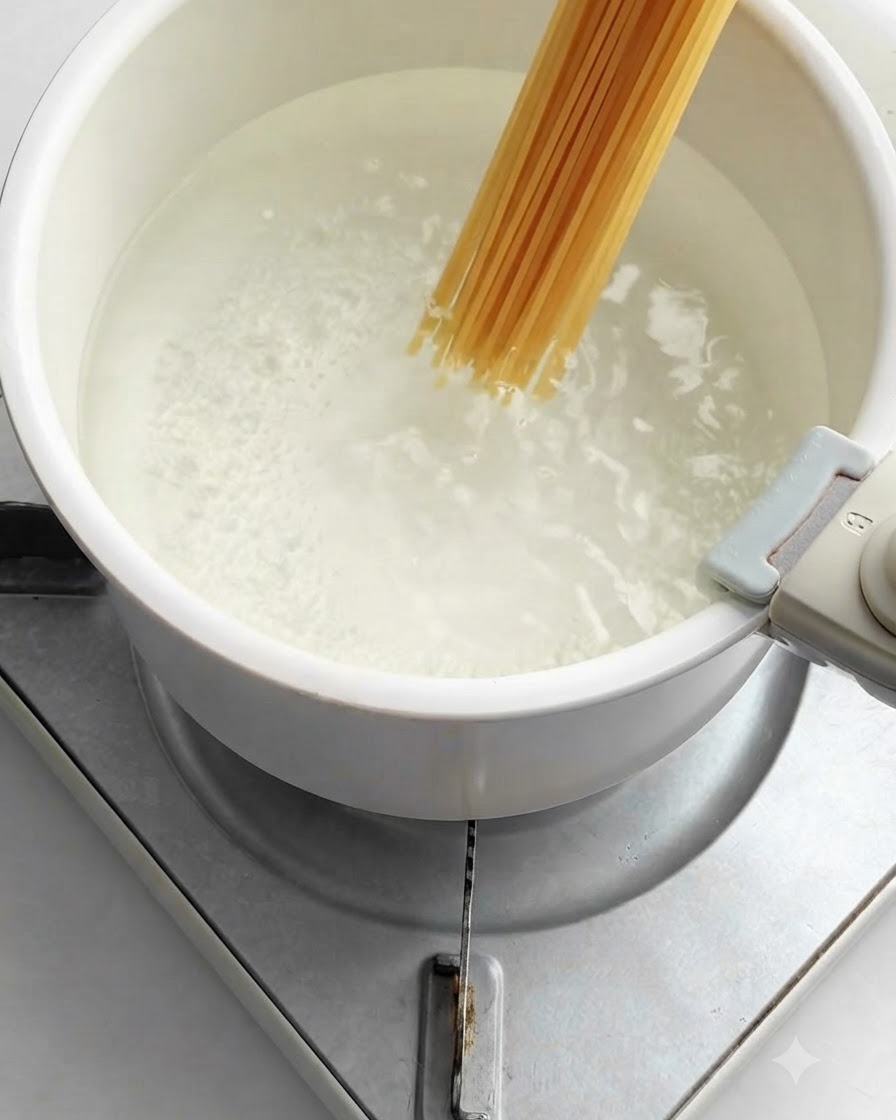 Un fascio di spaghetti lunghi immersi in una pentola bianca piena di acqua bollente e frizzante su un fornello.
