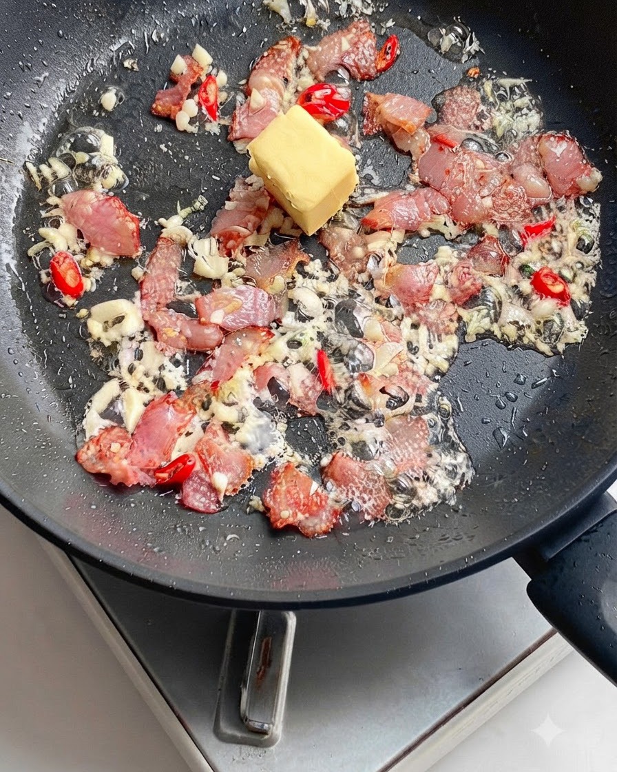 Un cubetto solido di burro giallo che si scioglie tra la pancetta, laglio e il peperoncino nella padella.