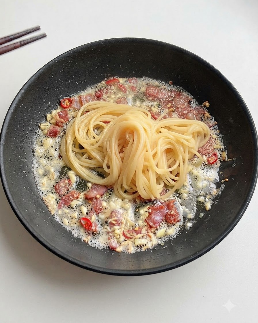 Una piccola quantità di acqua di cottura della pasta ricca di amido versata nella padella con pancetta e aglio.